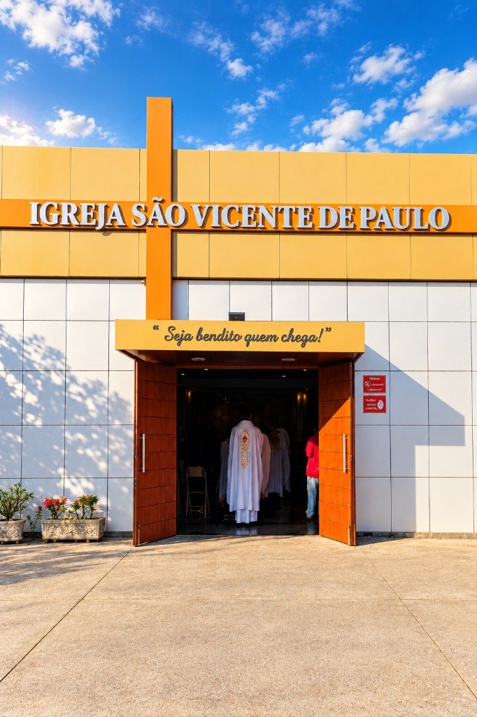Fachada da Igreja São Vicente de Paulo, com a porta aberta