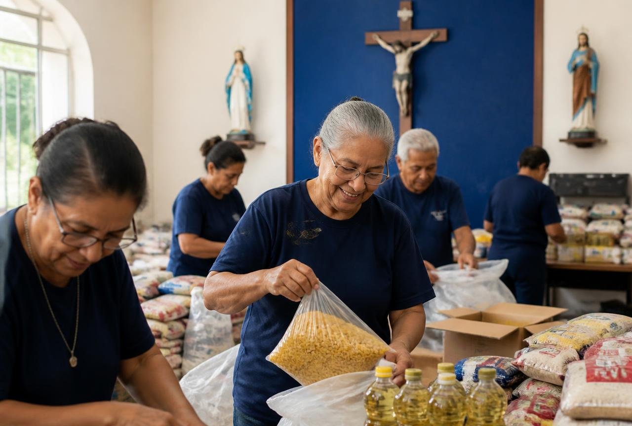 Voluntários servindo na festa